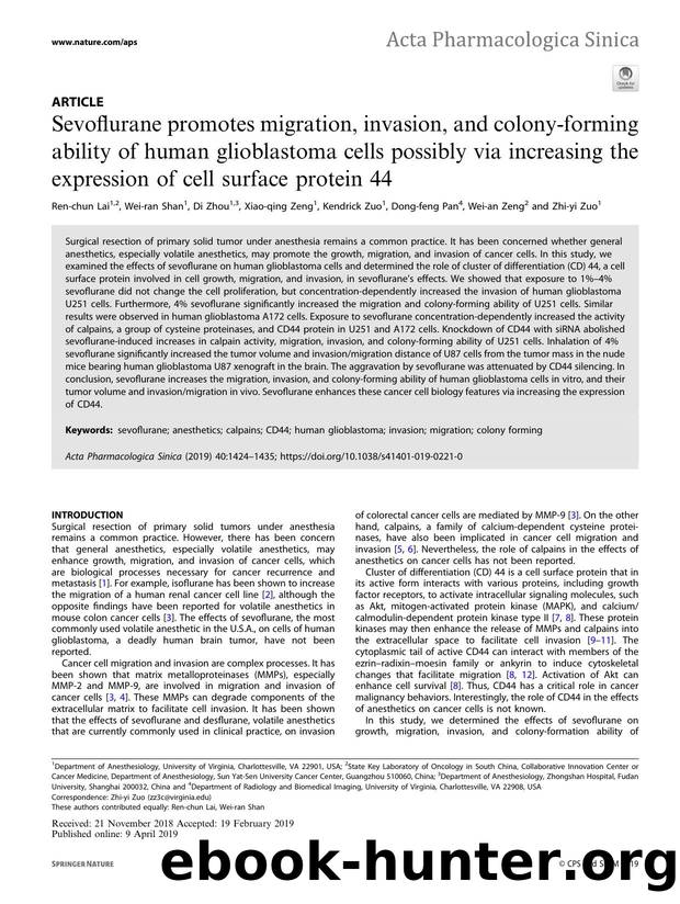 Sevoflurane promotes migration, invasion, and colony-forming ability of human glioblastoma cells possibly via increasing the expression of cell surface protein 44 by unknow