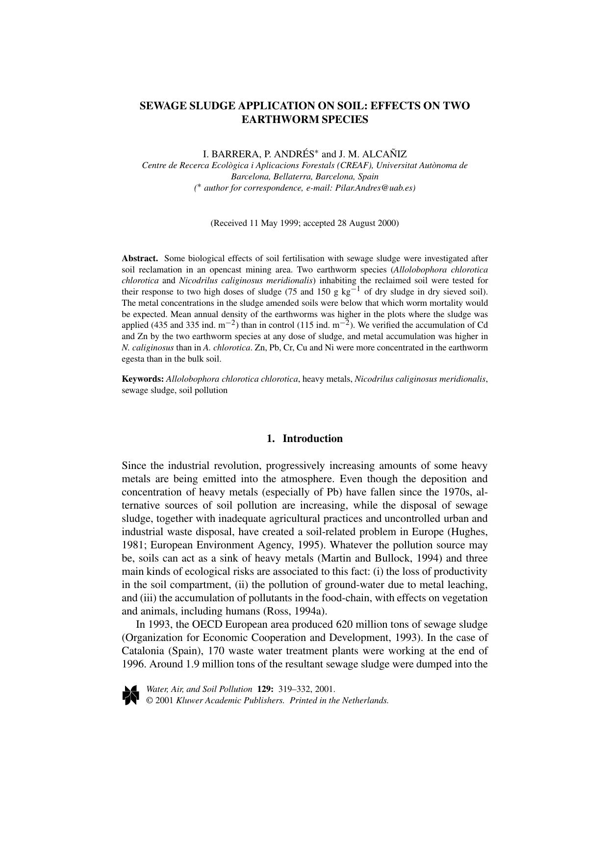 Sewage Sludge Application on Soil: Effects on Two Earthworm Species by Unknown