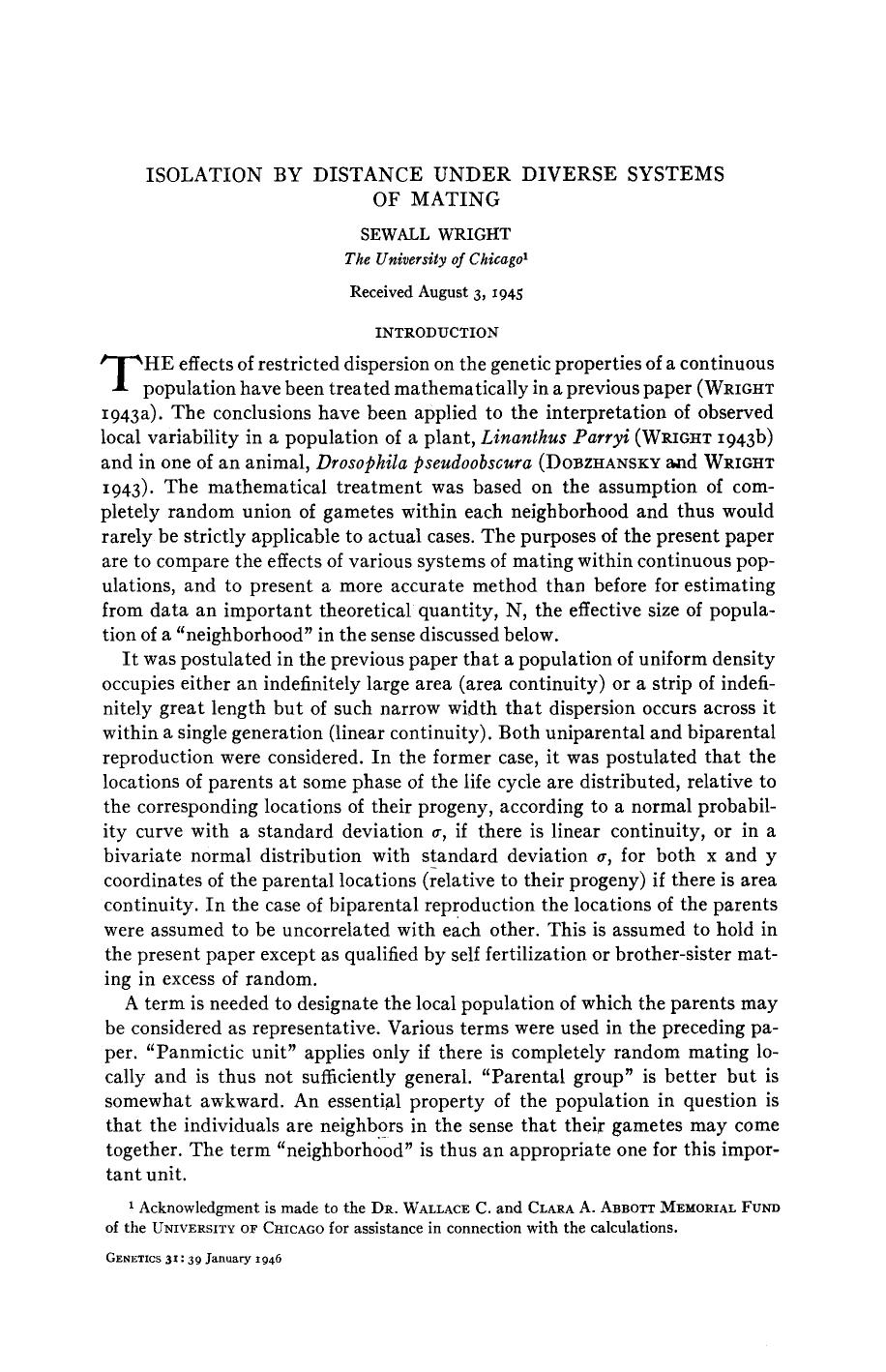 Sewall Wright ISOLATION BY DISTANCE UNDER DIVERSE SYSTEMS OF MATING by Unknown