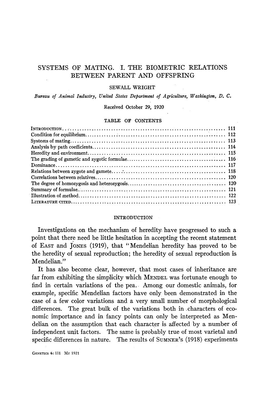 Sewall wright SYSTEMS OF MATING. I. THE BIOMETRIC RELATIONS BETWEEN PARENT AND OFFSPRING by Unknown