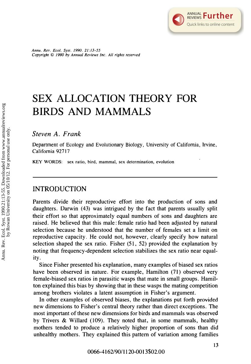 Sex Allocation Theory for Birds and Mammals by Steven A. Frank