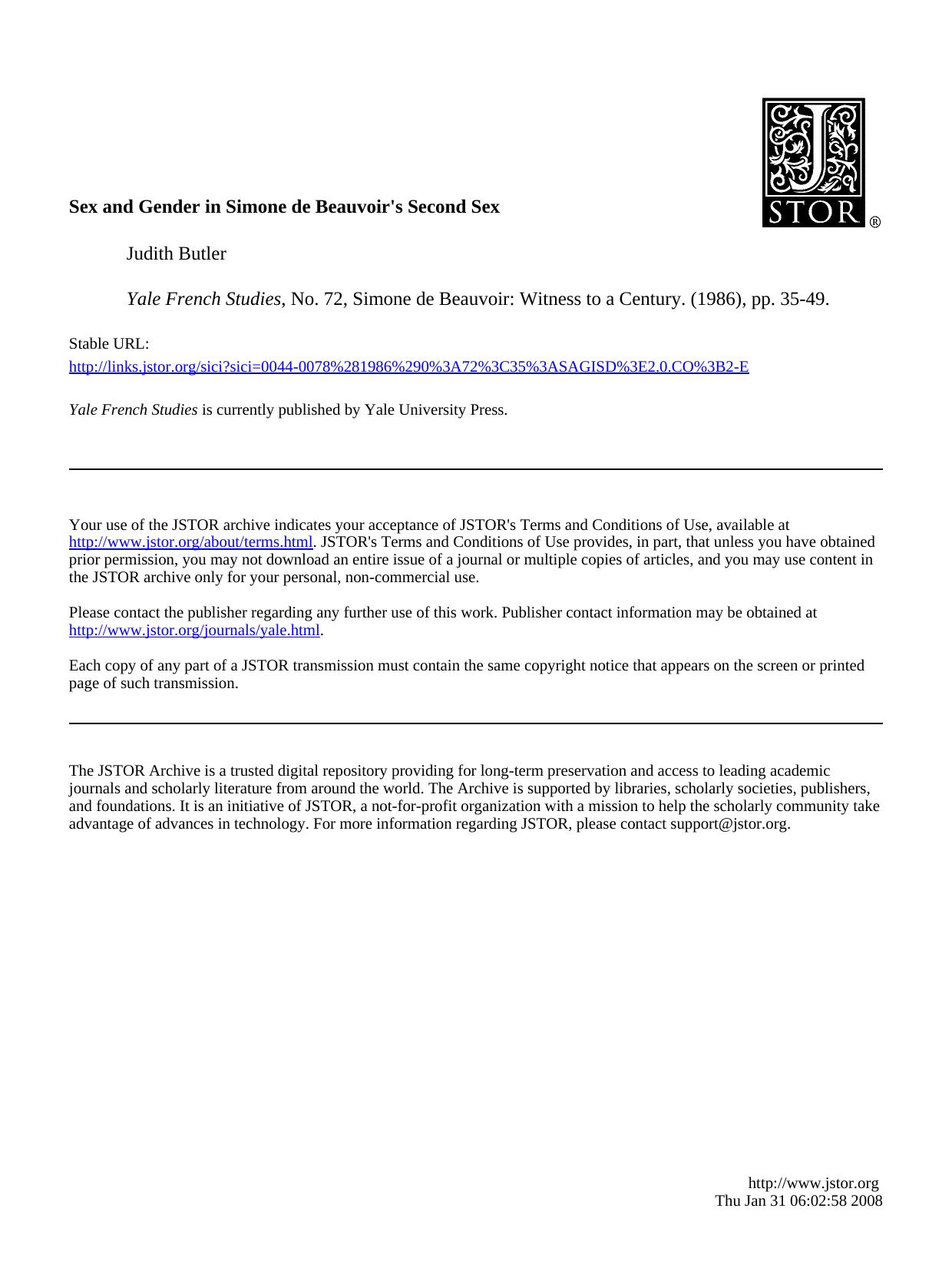 Sex And Gender In Simone De Beauvoir's 'Second Sex' by Unknown