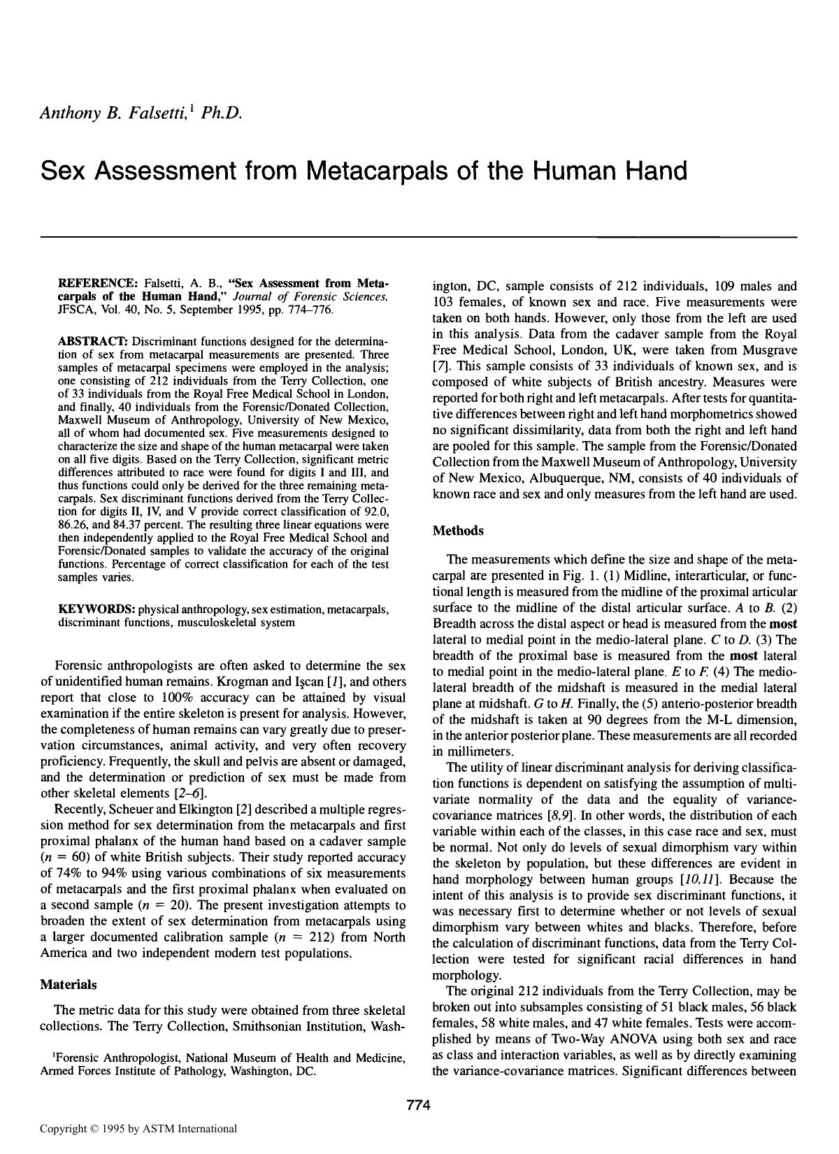 Sex Assessment from Metacarpals of the Human Hand by Falsetti AB