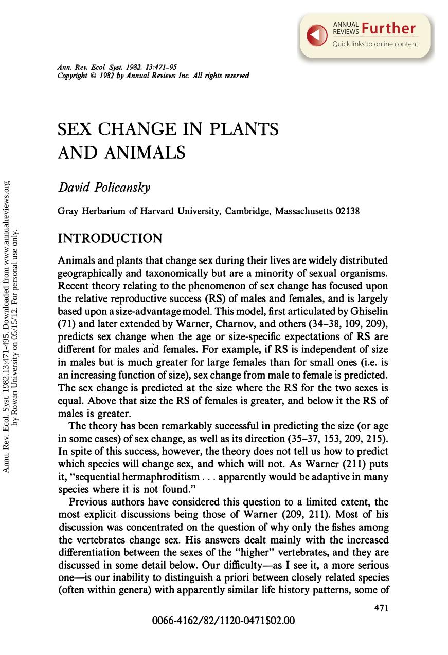 Sex Change in Plants and Animals by D Policansky
