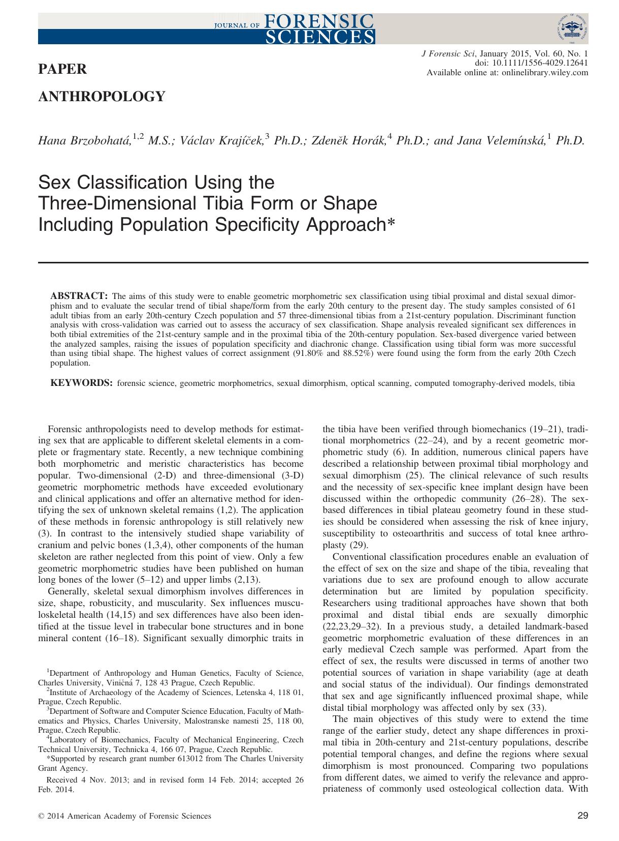 Sex Classification Using the Three‐Dimensional Tibia Form or Shape Including Population Specificity Approach by Unknown