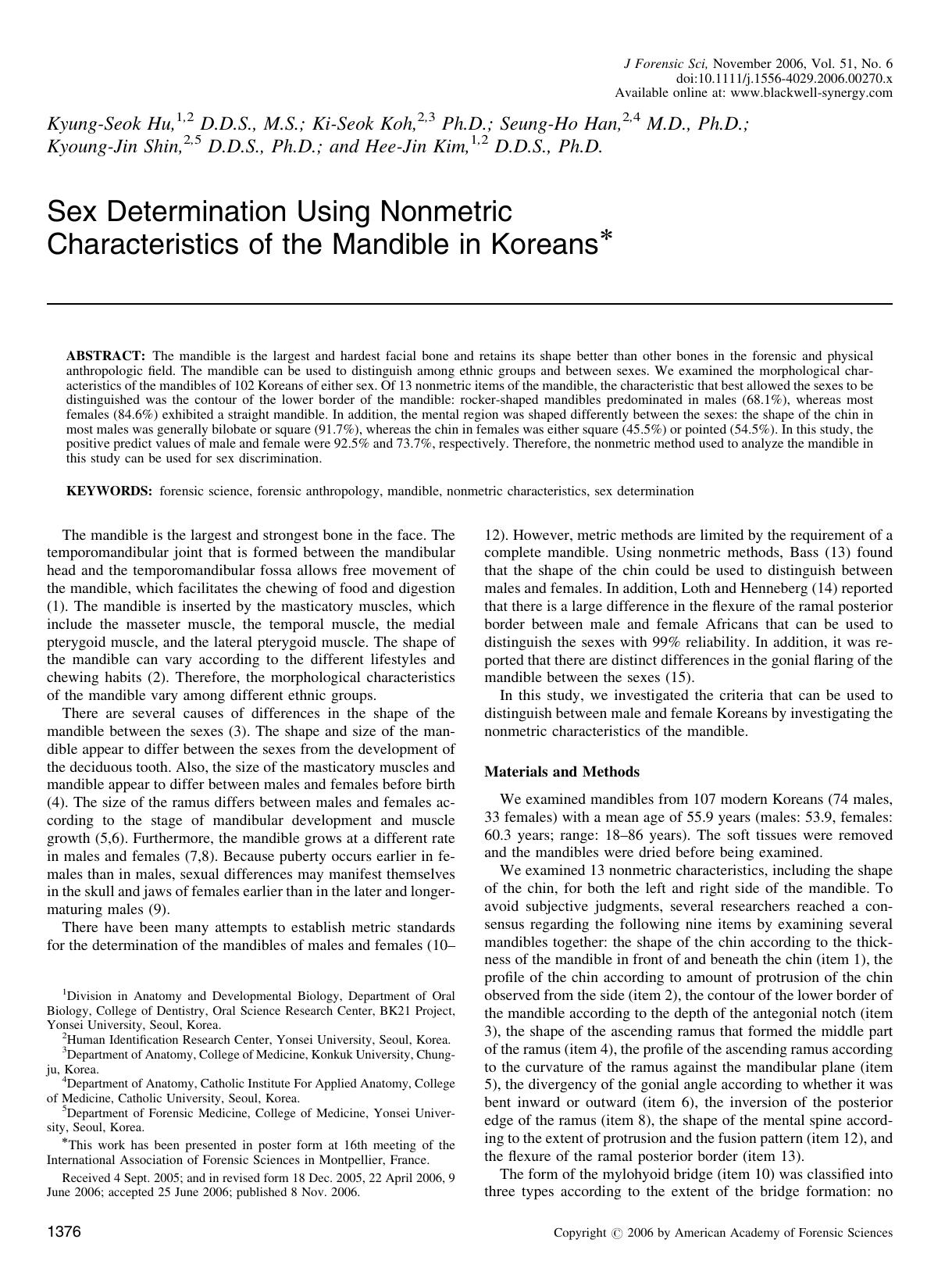 Sex Determination Using Nonmetric Characteristics of the Mandible in Koreans* by Unknown