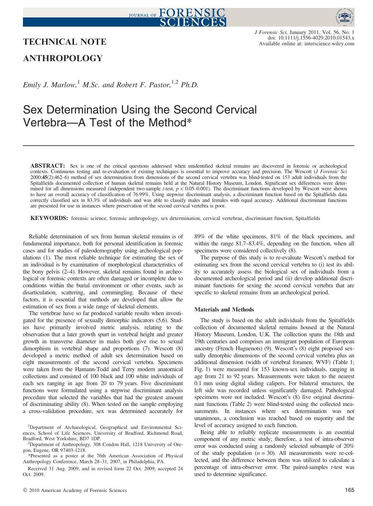 Sex Determination Using the Second Cervical VertebraA Test of the Method by Unknown
