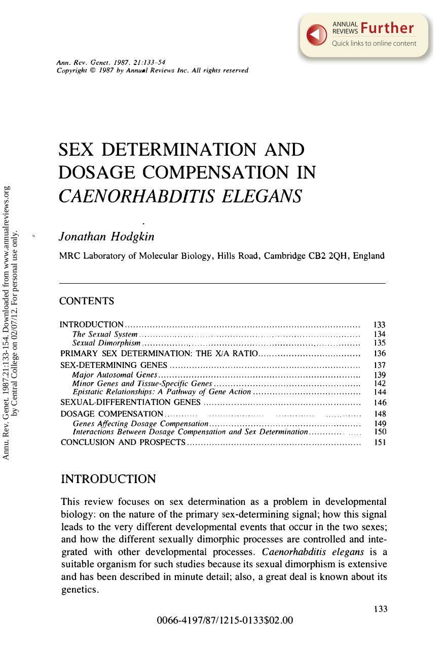 Sex Determination and Dosage Compensation in Caenorhabditis Elegans by J Hodgkin