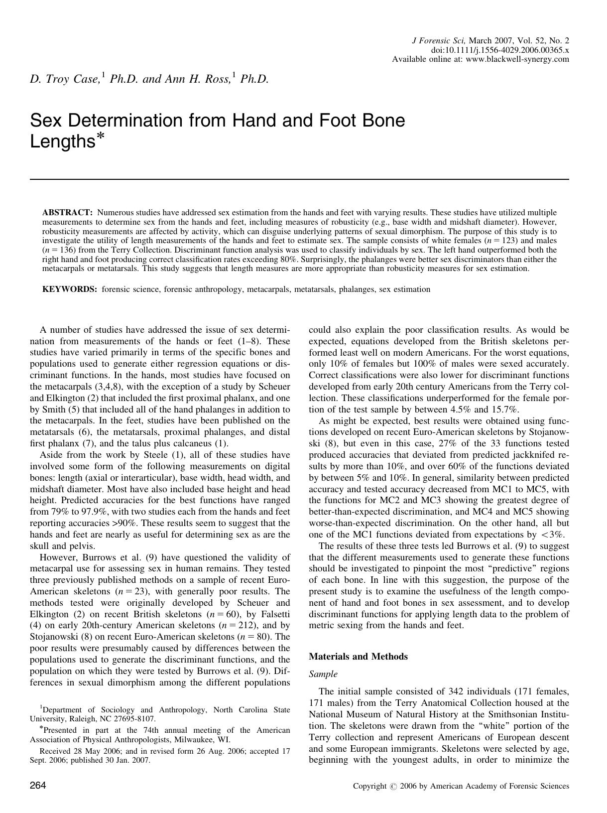 Sex Determination from Hand and Foot Bone Lengths* by Unknown