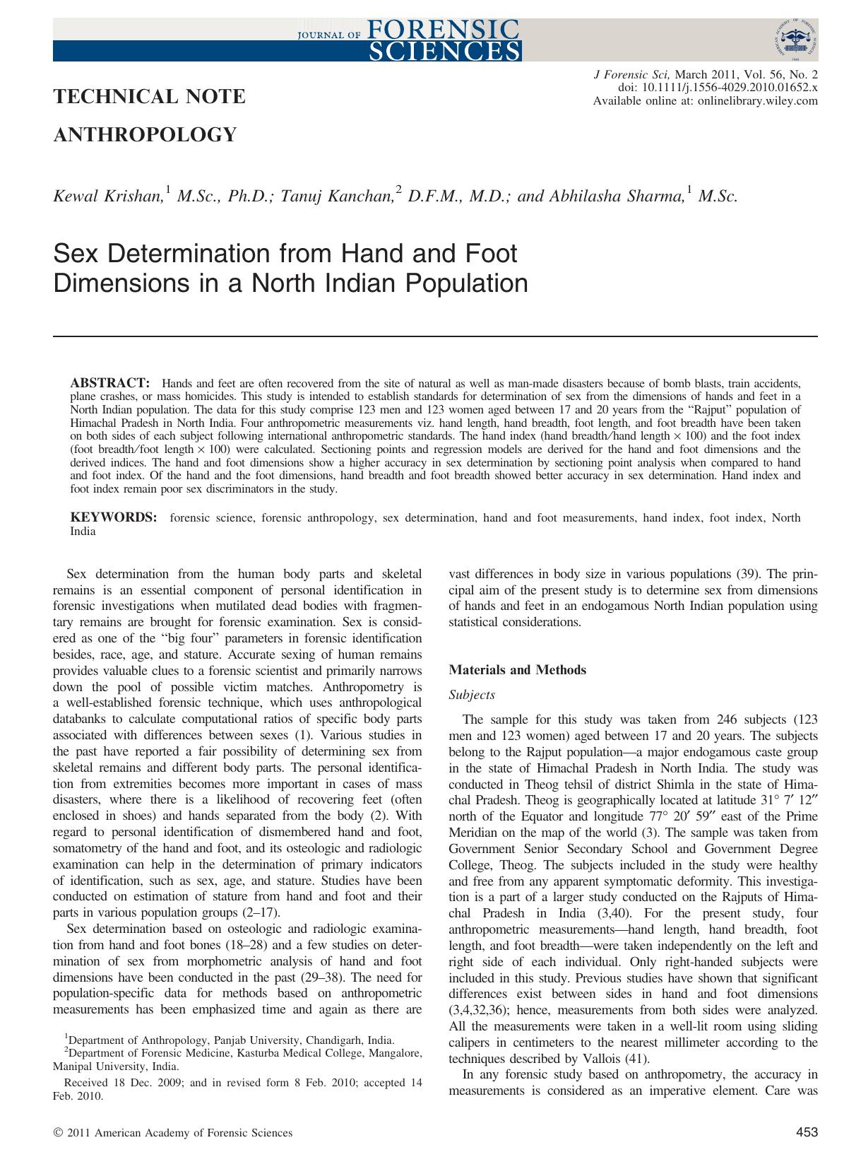 Sex Determination from Hand and Foot Dimensions in a North Indian Population by Unknown