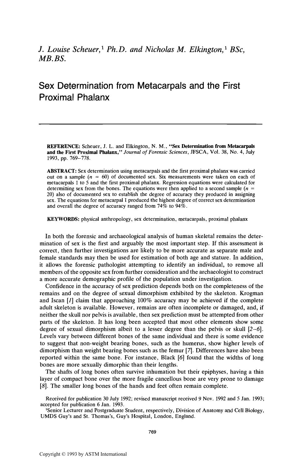 Sex Determination from Metacarpals and the First Proximal Phalanx by Scheuer JL Elkington NM