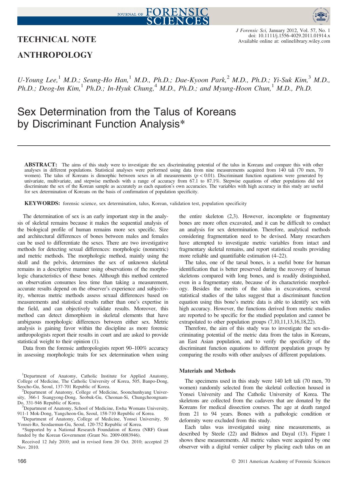 Sex Determination from the Talus of Koreans by Discriminant Function Analysis by Unknown