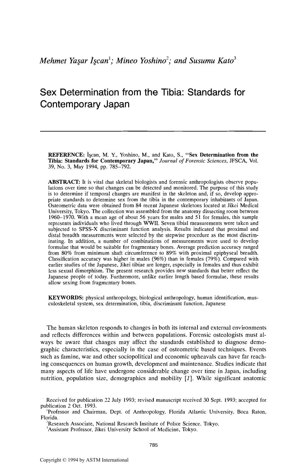 Sex Determination from the Tibia: Standards for Contemporary Japan by I & scedil;can MY Yoshino M Kato S