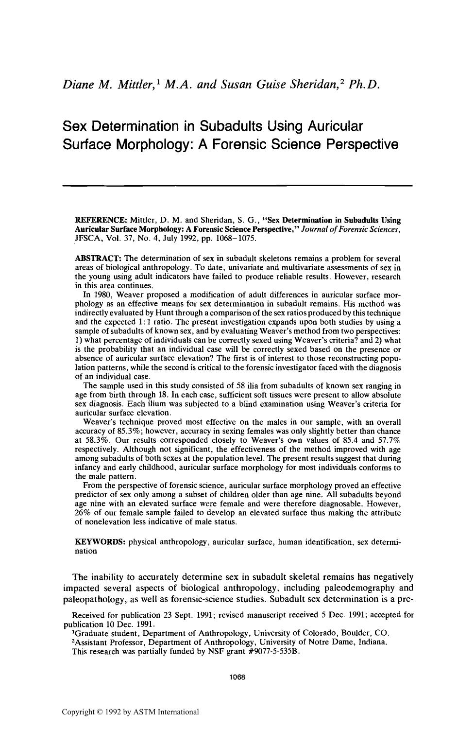 Sex Determination in Subadults Using Auricular Surface Morphology: A Forensic Science Perspective by Mittler DM Sheridan SG