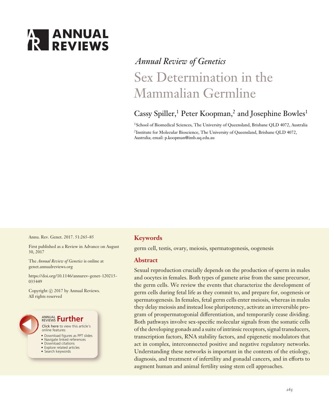 Sex Determination in the Mammalian Germline by Cassy Spiller Peter Koopman Josephine Bowles