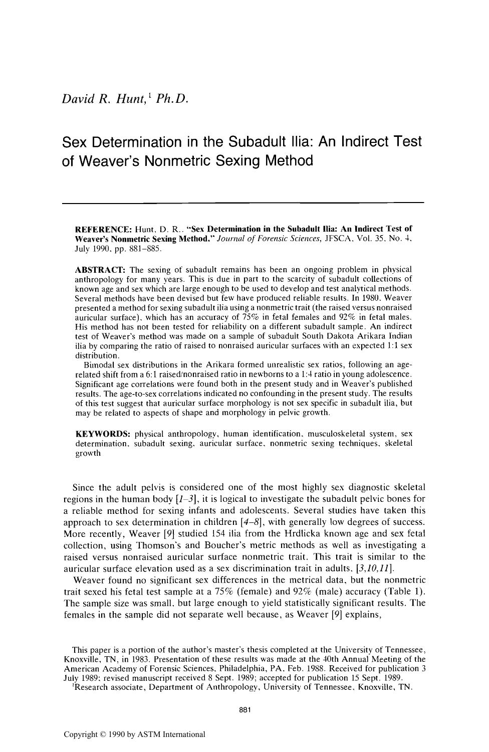 Sex Determination in the Subadult Ilia: An Indirect Test of Weaver's Nonmetric Sexing Method by Hunt DR