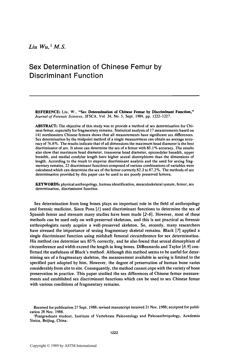 Sex Determination of Chinese Femur by Discriminant Function by Wu L