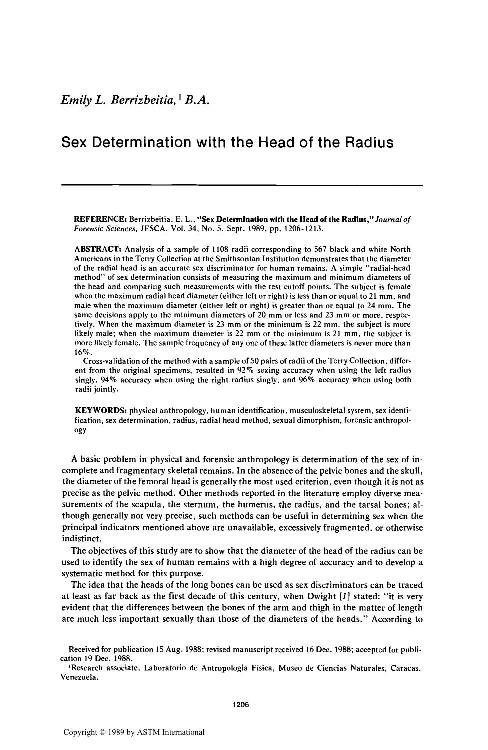 Sex Determination with the Head of the Radius by Berrizbeitia EL