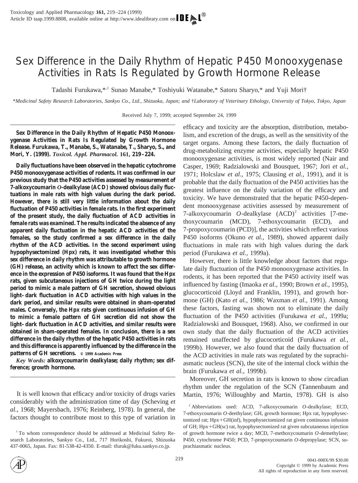 Sex Difference in the Daily Rhythm of Hepatic P450 Monooxygenase Activities in Rats Is Regulated by Growth Hormone Release by Furukawa T. et al