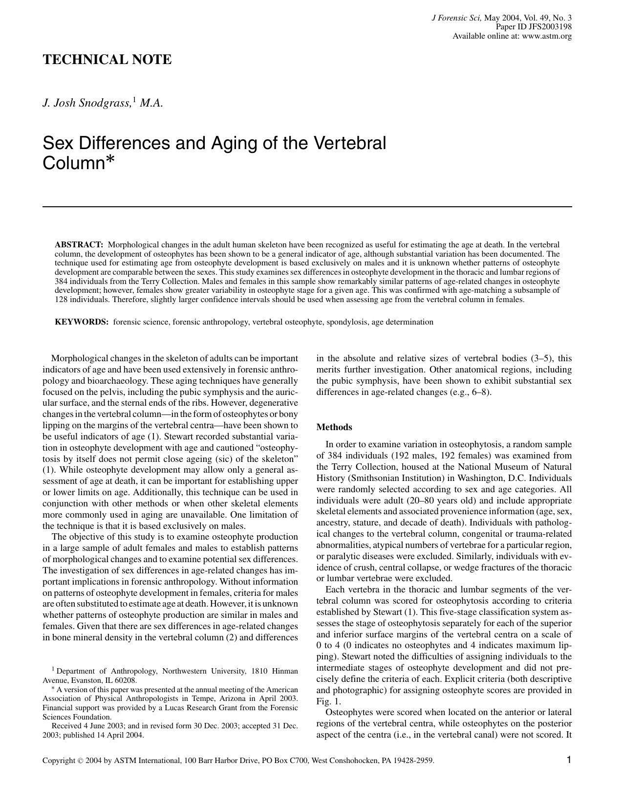 Sex Differences and Aging of the Vertebral Column by Snodgrass JJ