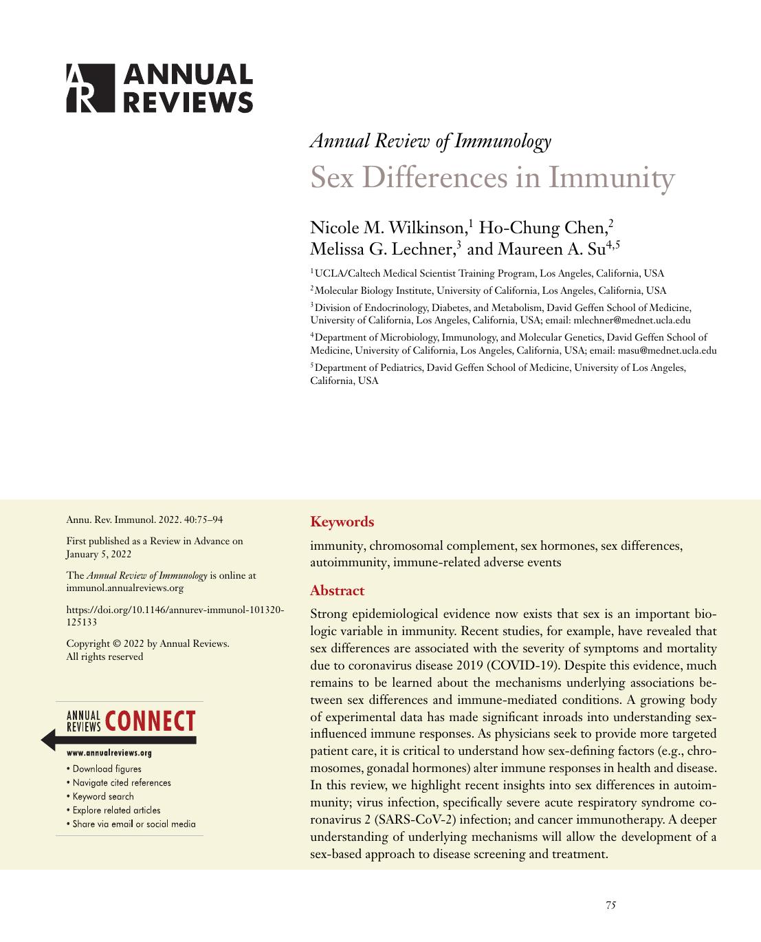 Sex Differences in Immunity by Nicole M. Wilkinson Ho-Chung Chen Melissa G. Lechner Maureen A. Su