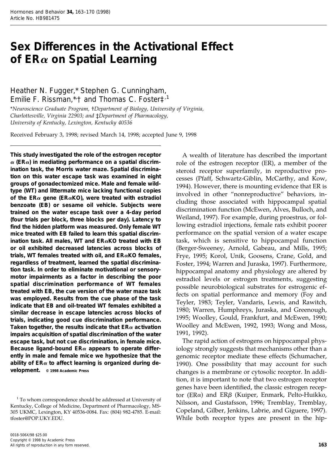 Sex Differences in the Activational Effect of ERalpha on Spatial Learning by Fugger H. N. et al
