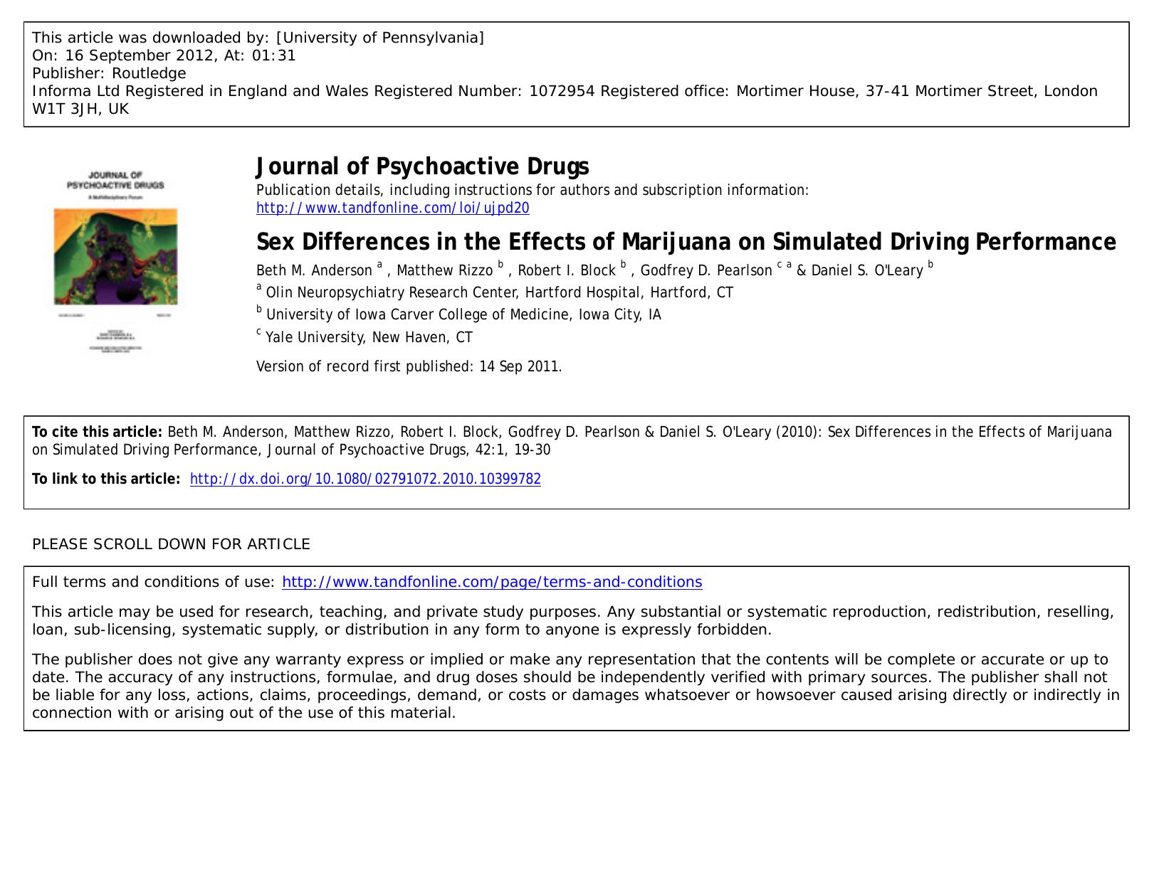 Sex Differences in the Effects of Marijuana on Simulated Driving Performance by unknow