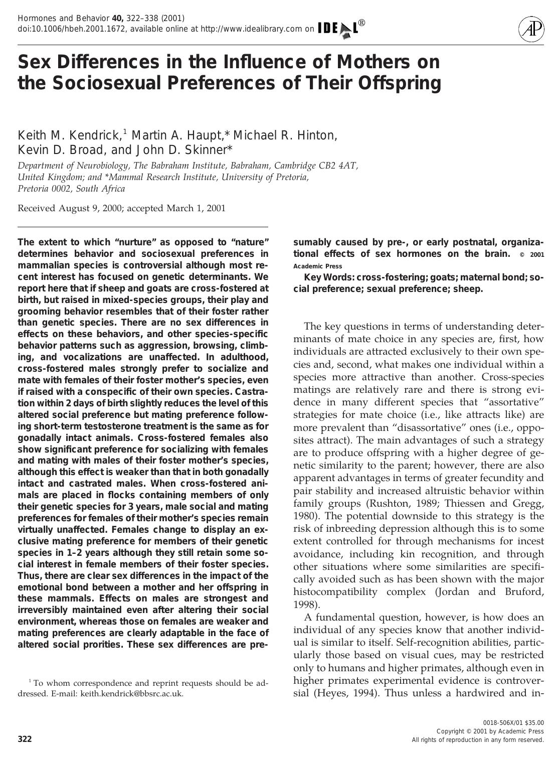 Sex Differences in the Influence of Mothers on the Sociosexual Preferences of Their Offspring by Kendrick K. M. et al