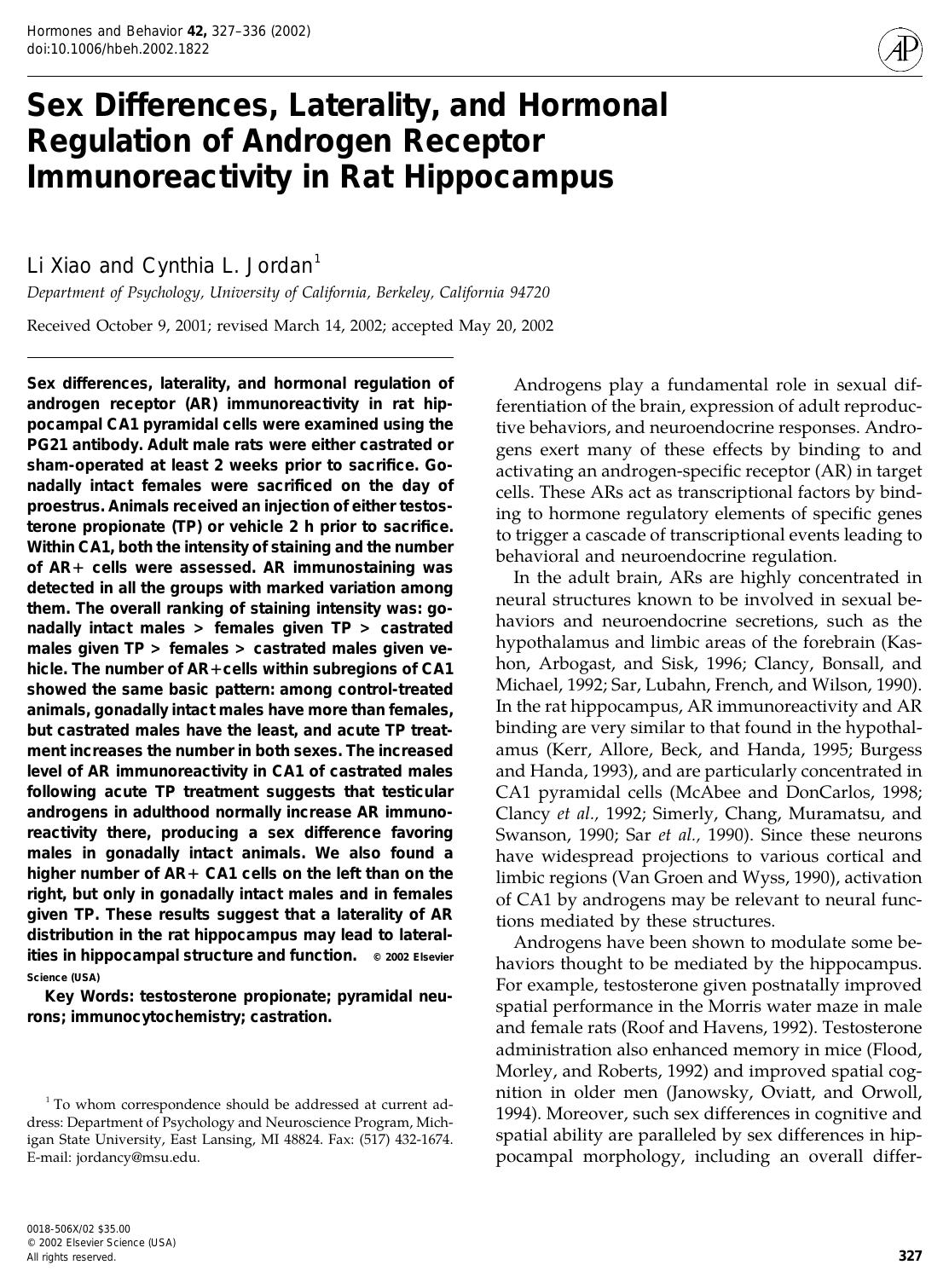Sex Differences, Laterality, and Hormonal Regulation of Androgen Receptor Immunoreactivity in Rat Hippocampus by Xiao L. et al