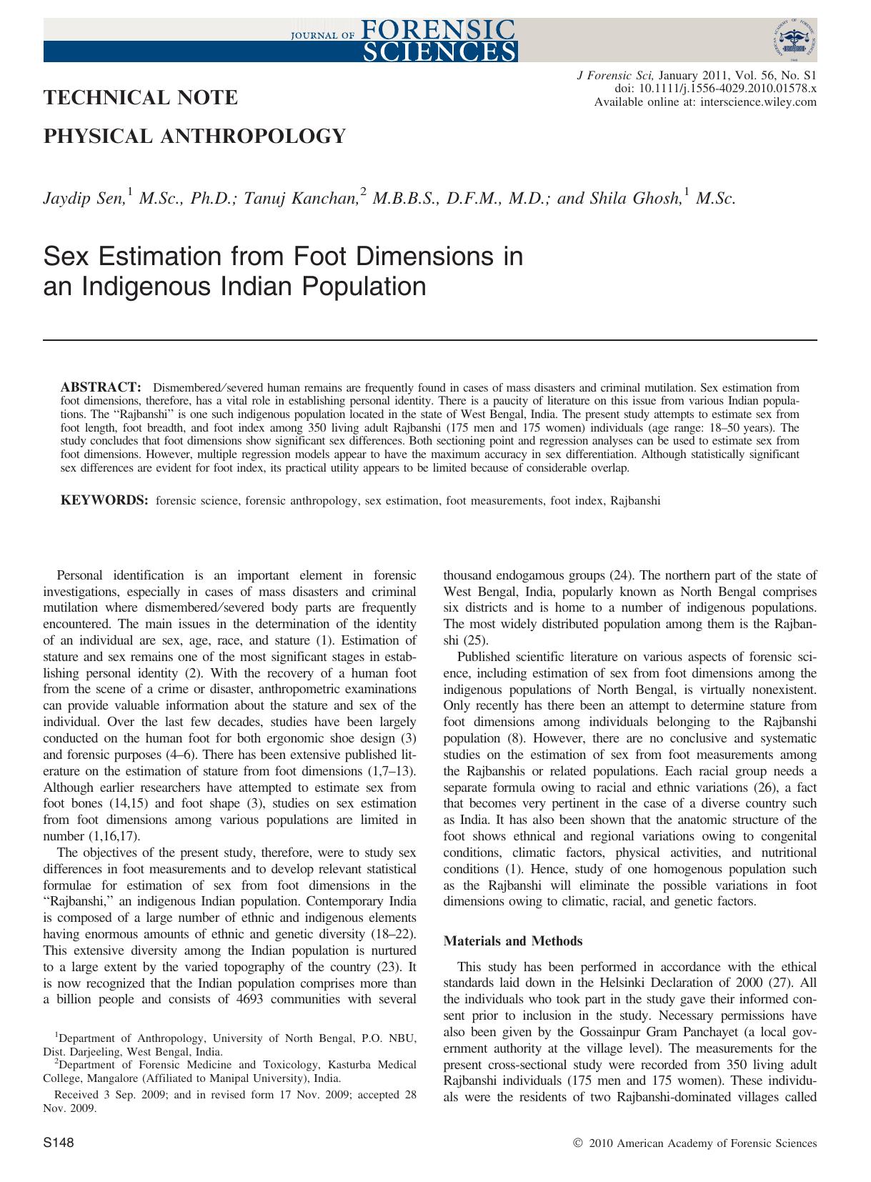 Sex Estimation from Foot Dimensions in an Indigenous Indian Population by Unknown