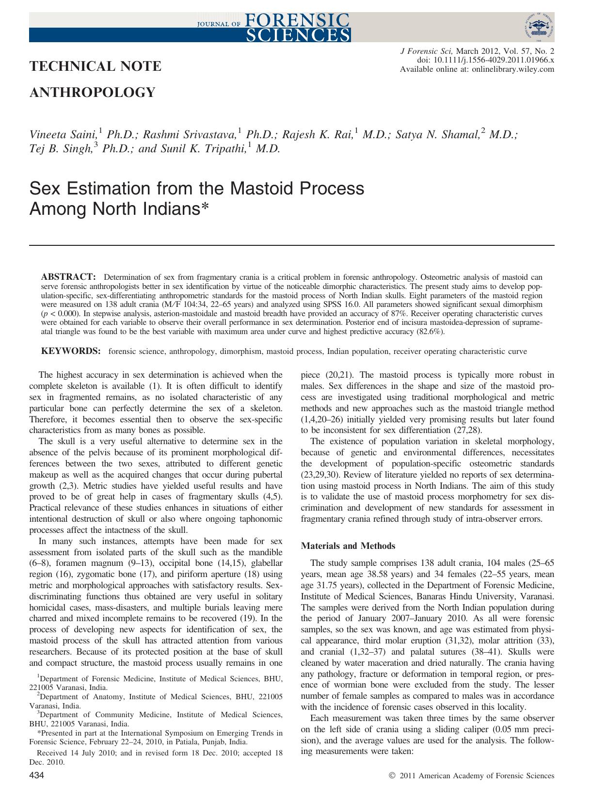 Sex Estimation from the Mastoid Process Among North Indians by Unknown