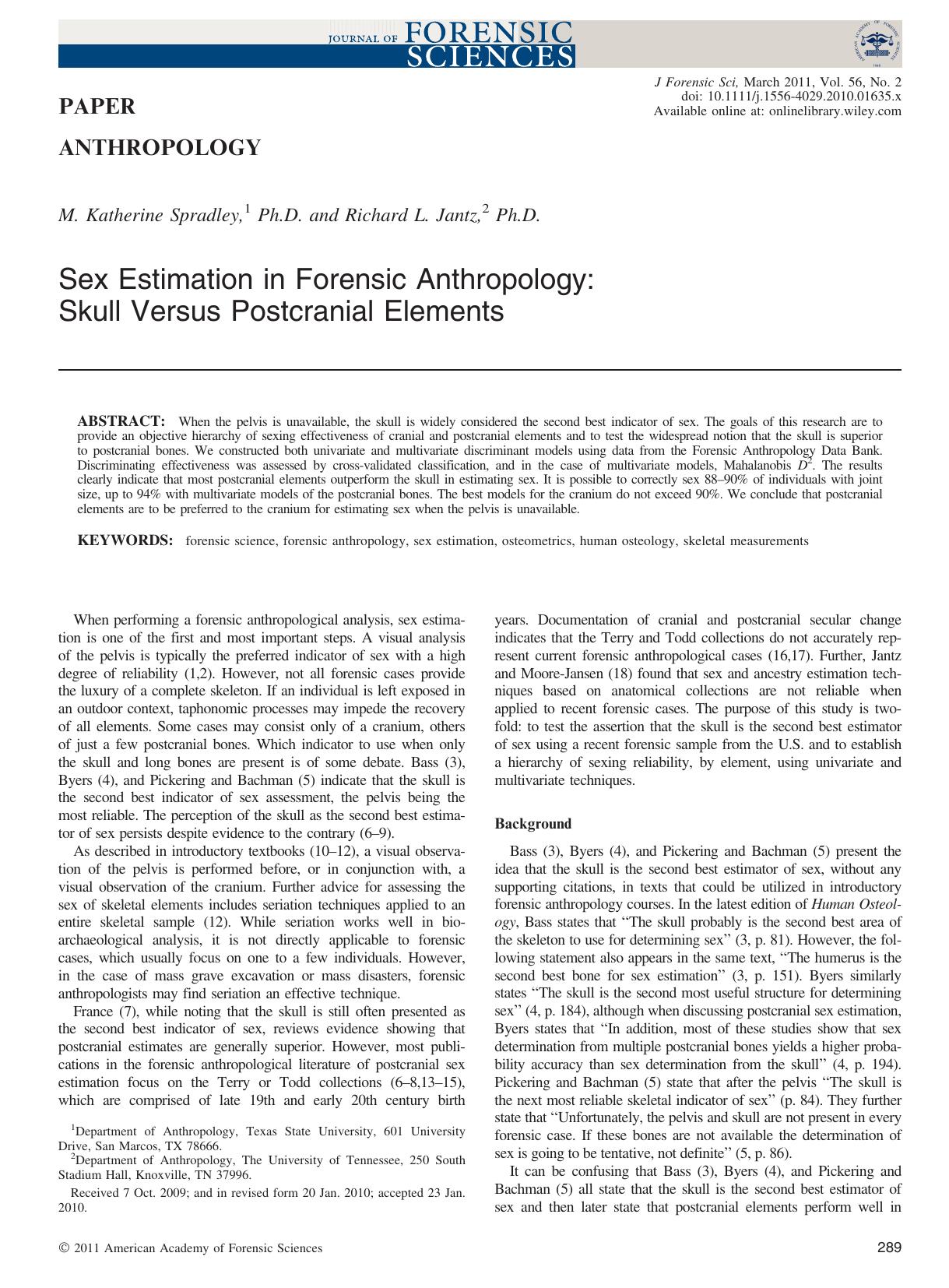 Sex Estimation in Forensic Anthropology: Skull Versus Postcranial Elements by Unknown