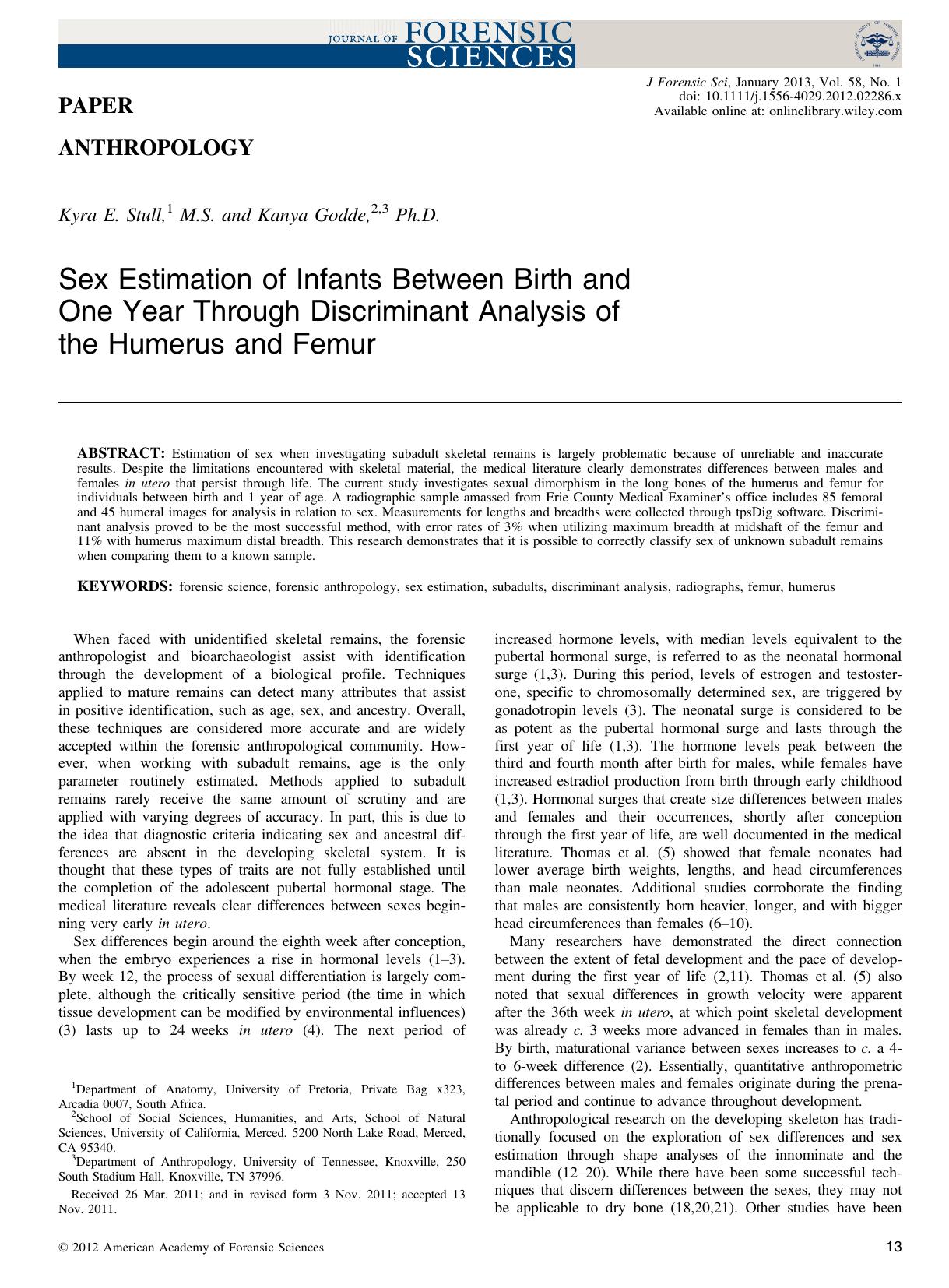 Sex Estimation of Infants Between Birth and One Year Through Discriminant Analysis of the Humerus and Femur by Unknown
