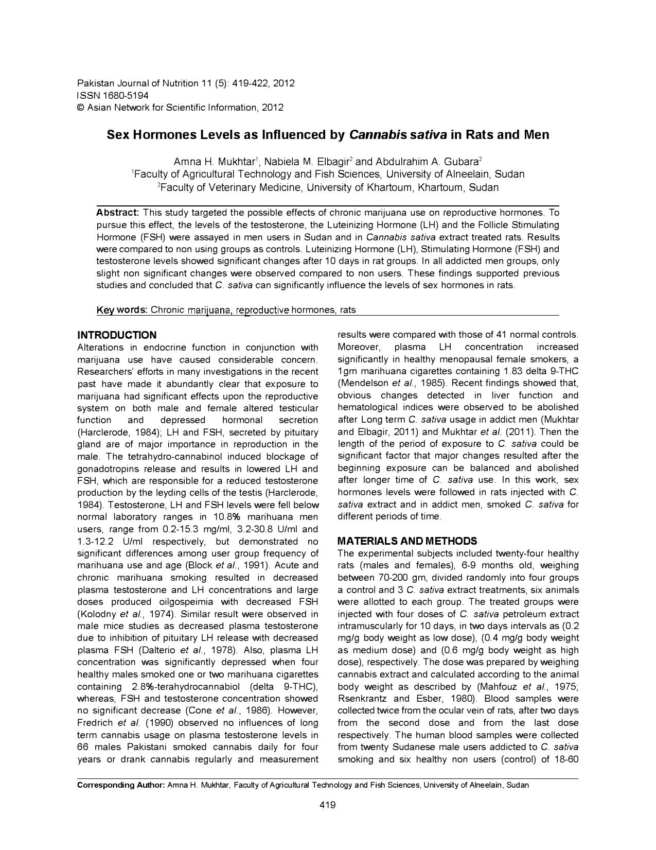 Sex Hormones Levels as Influenced by Cannabis sativa in Rats and Men by Unknown