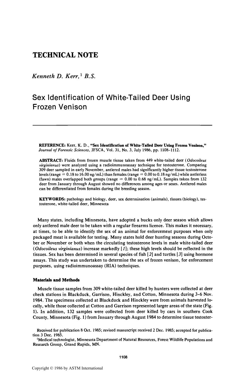 Sex Identification of White-Tailed Deer Using Frozen Venison by Kerr KD