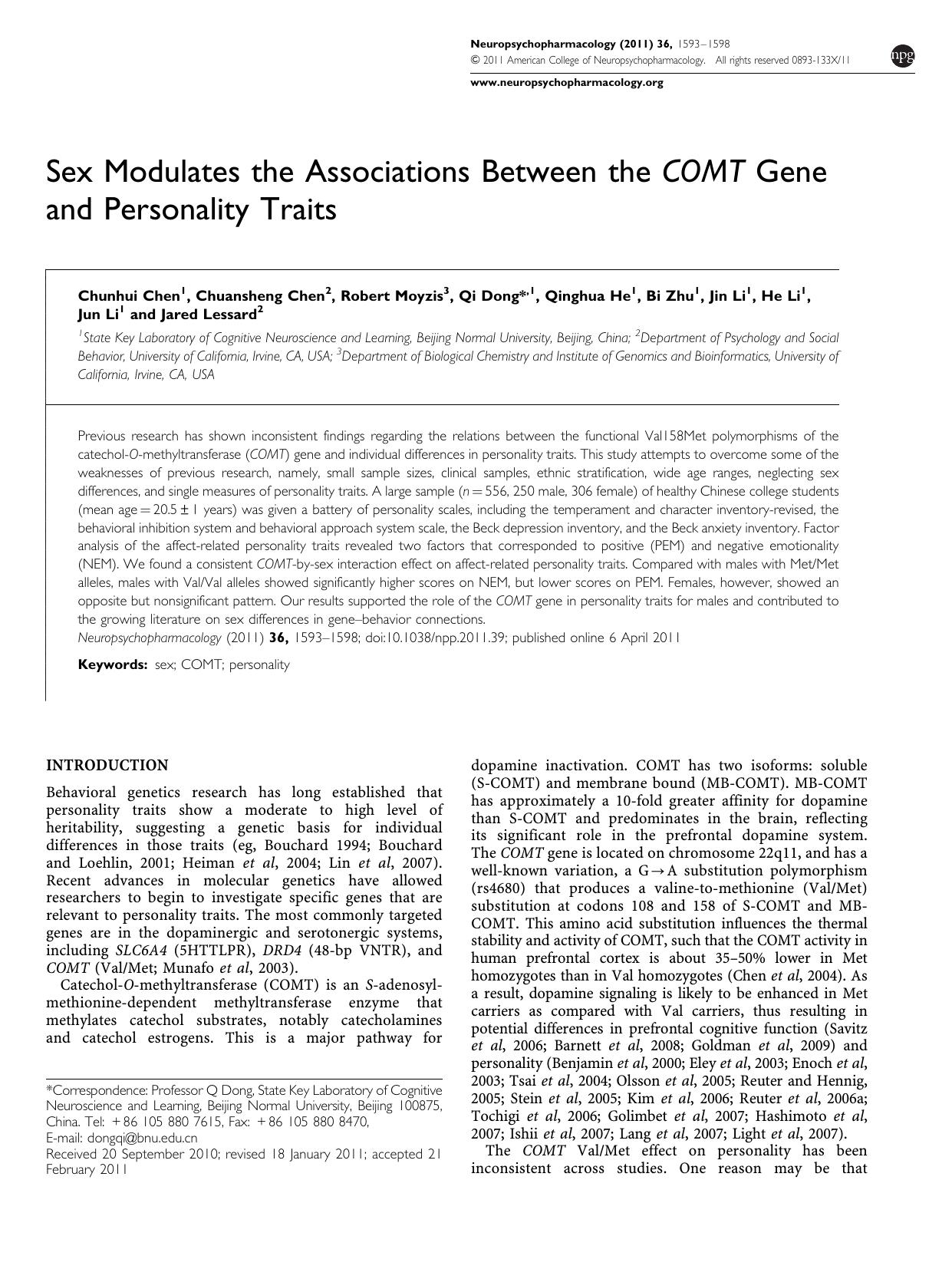 Sex Modulates the Associations Between the COMT Gene and Personality Traits by unknow