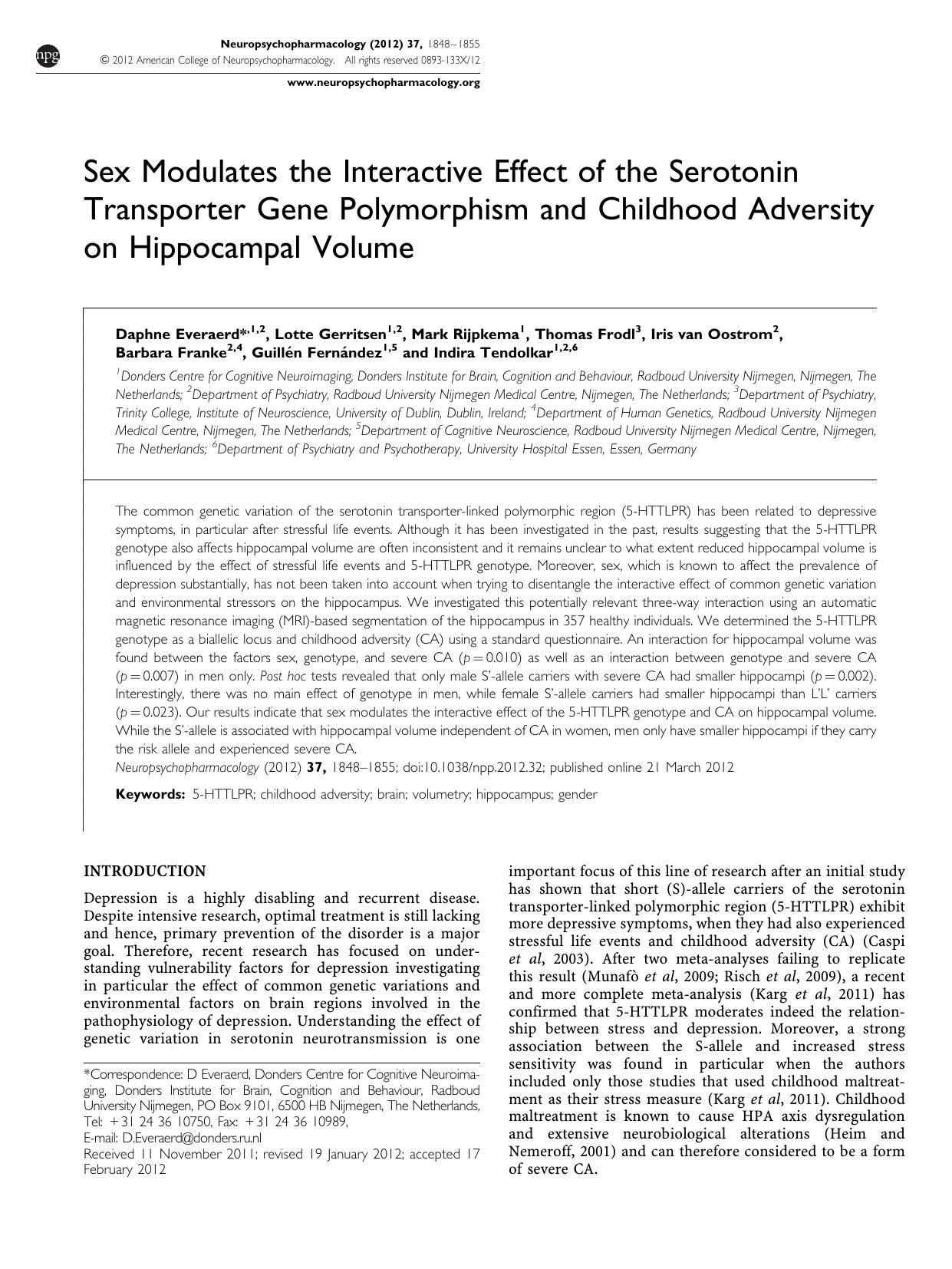 Sex Modulates the Interactive Effect of the Serotonin Transporter Gene Polymorphism and Childhood Adversity on Hippocampal Volume by unknow