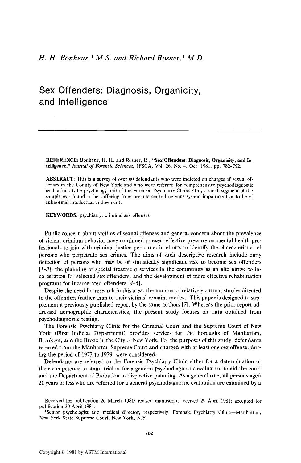 Sex Offenders: Diagnosis, Organicity, and Intelligence by Bonheur HH Rosner R