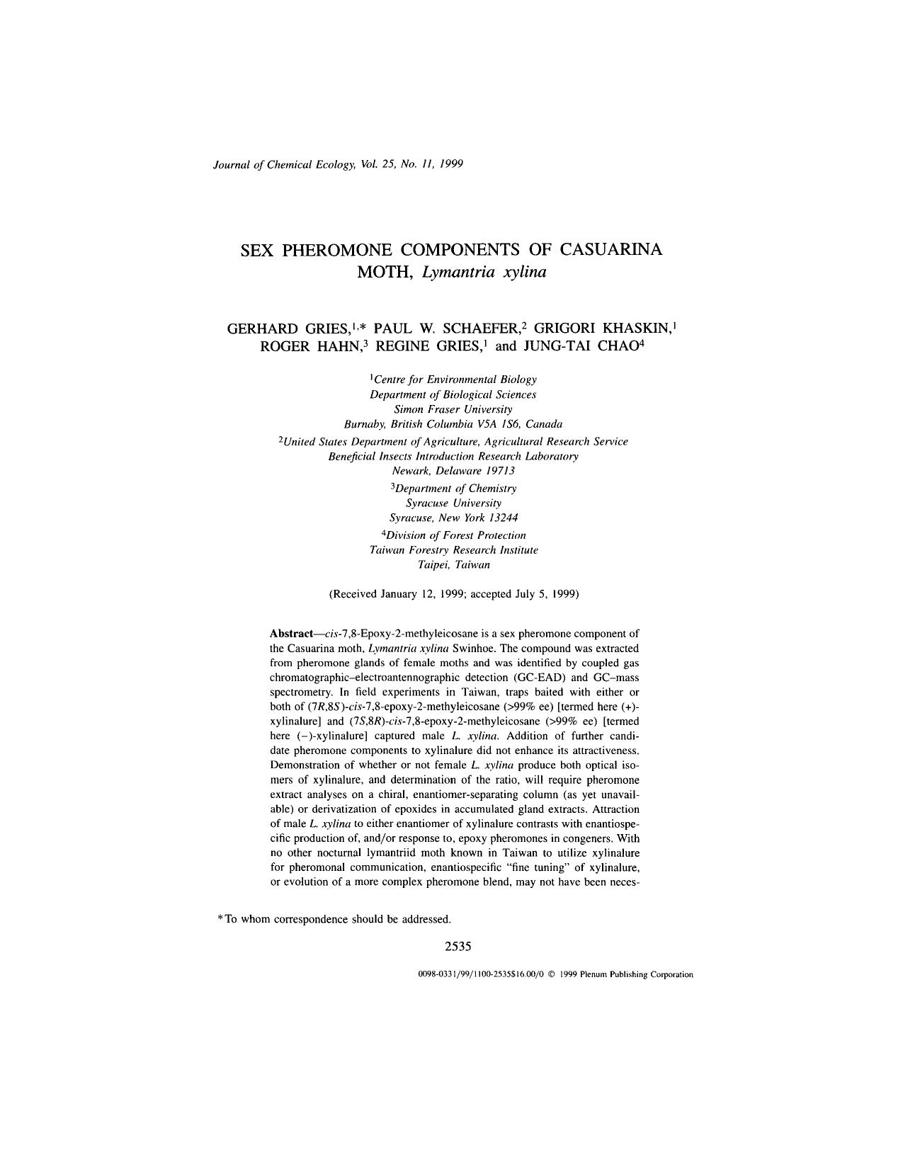 Sex Pheromone Components of Casuarina Moth, <Emphasis Type="Italic">Lymantria xylina<Emphasis> by Unknown