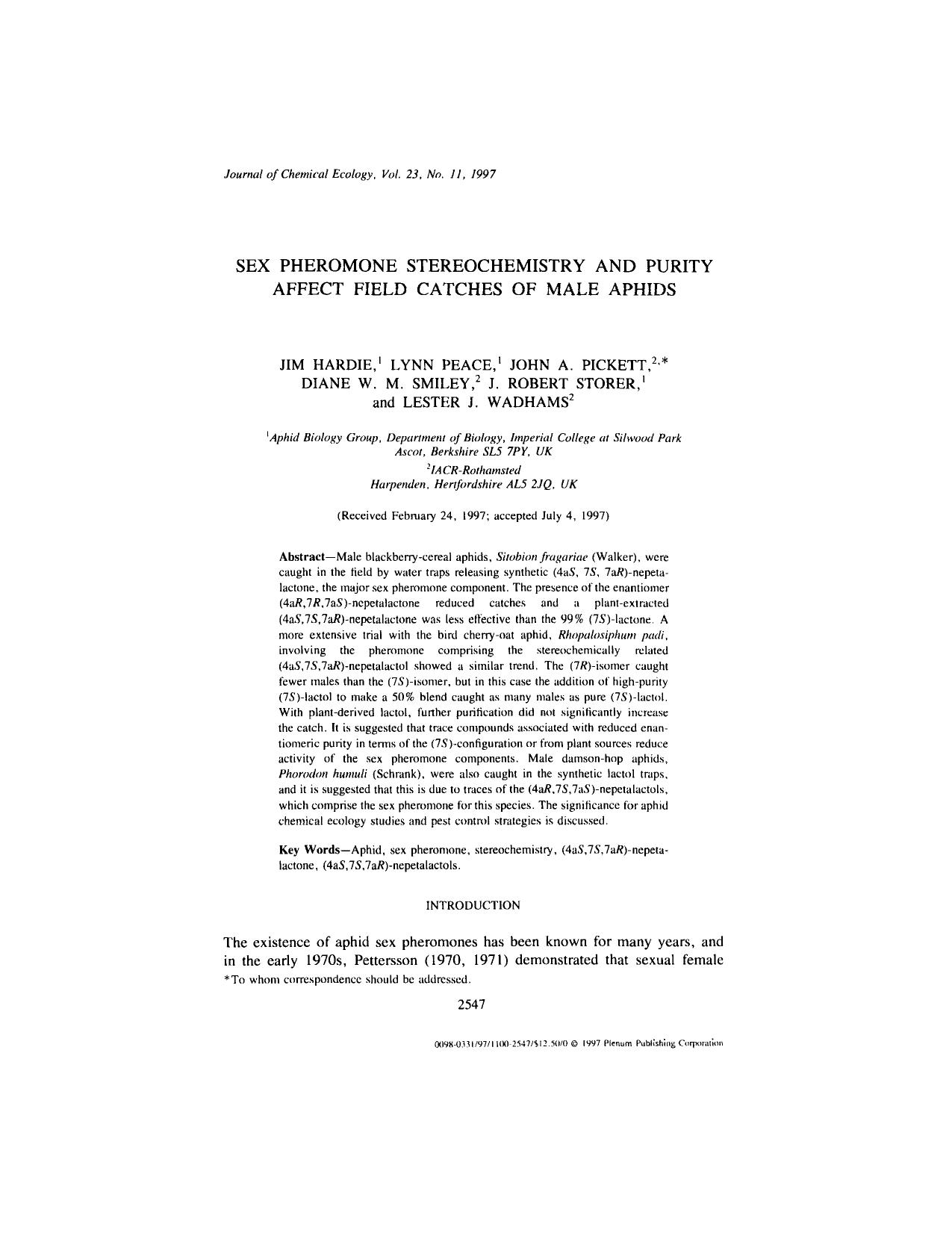 Sex Pheromone Stereochemistry and Purity Affect Field Catches of Male Aphids by Unknown