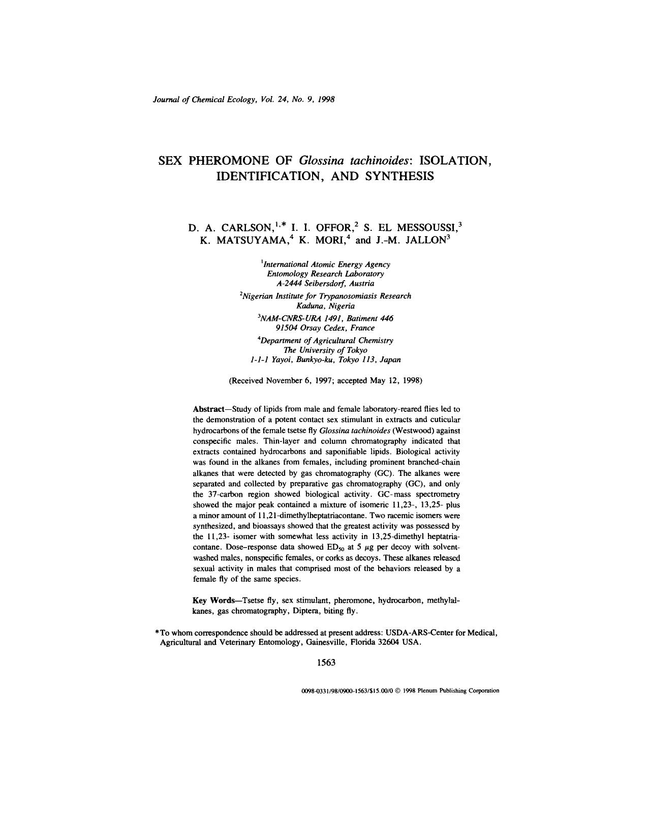 Sex Pheromone of <Emphasis Type="Italic">Glossina tachinoides<Emphasis>: Isolation, Identification, and Synthesis by Unknown
