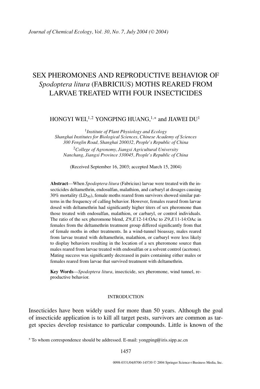 Sex Pheromones and Reproductive Behavior of <Emphasis Type="Italic">Spodoptera litura<Emphasis> (Fabricius) Moths Reared from Larvae Treated with Four Insecticides by Unknown