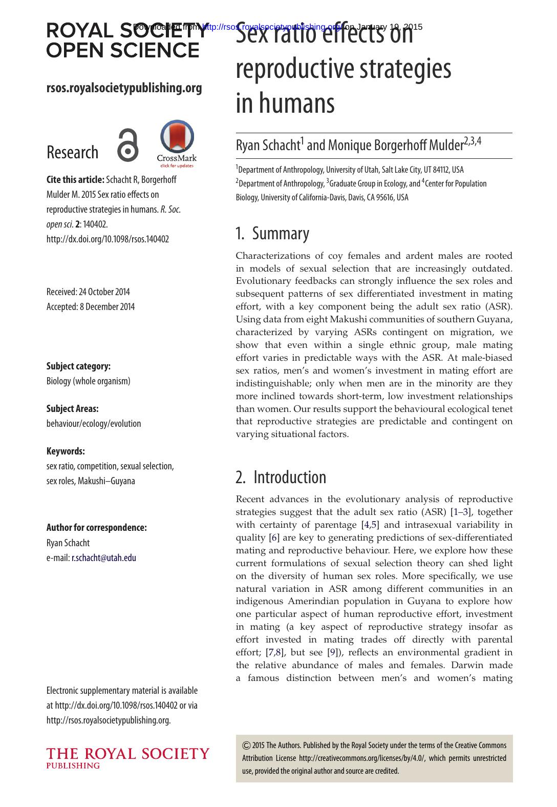 Sex Ratio Effects on Reproductive Strategies in Humans (2015) by Ryan Schacht & Monique Borgerhoff Mulder by Unknown