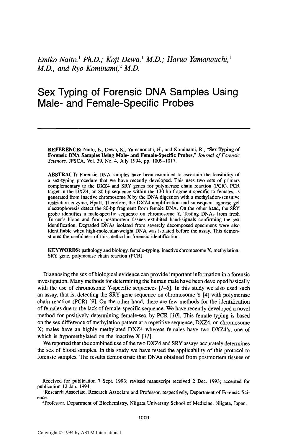 Sex Typing of Forensic DNA Samples Using Male- and Female-Specific Probes by Naito E Dewa K Yamanouchi H Kominami R