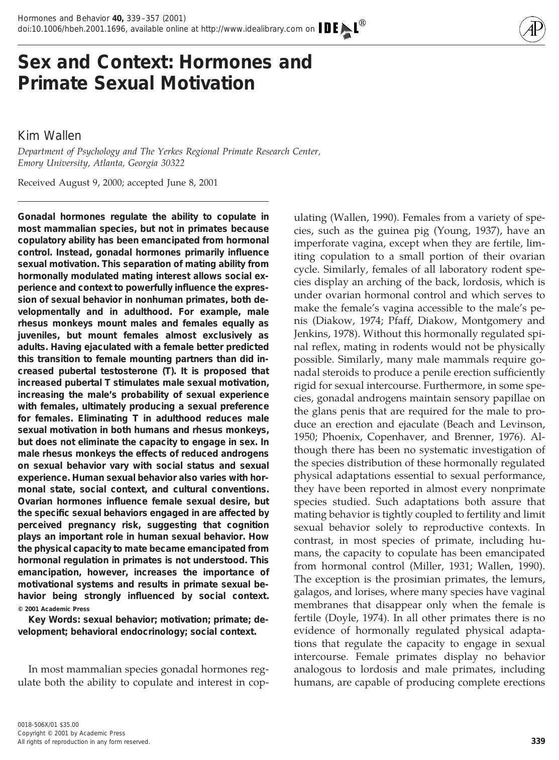 Sex and Context: Hormones and Primate Sexual Motivation by Wallen K