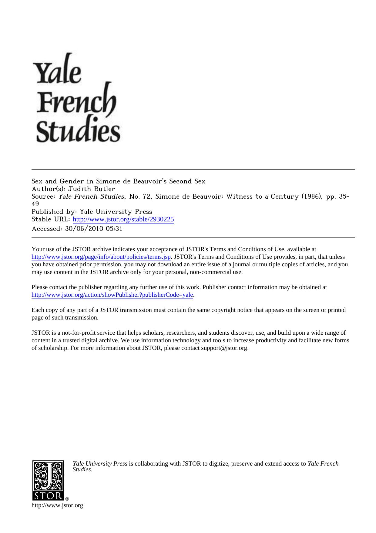 Sex and Gender in Simone de Beauvoir's Second Sex by Sex & Gender in Simone de Beauvoirs Second Sex