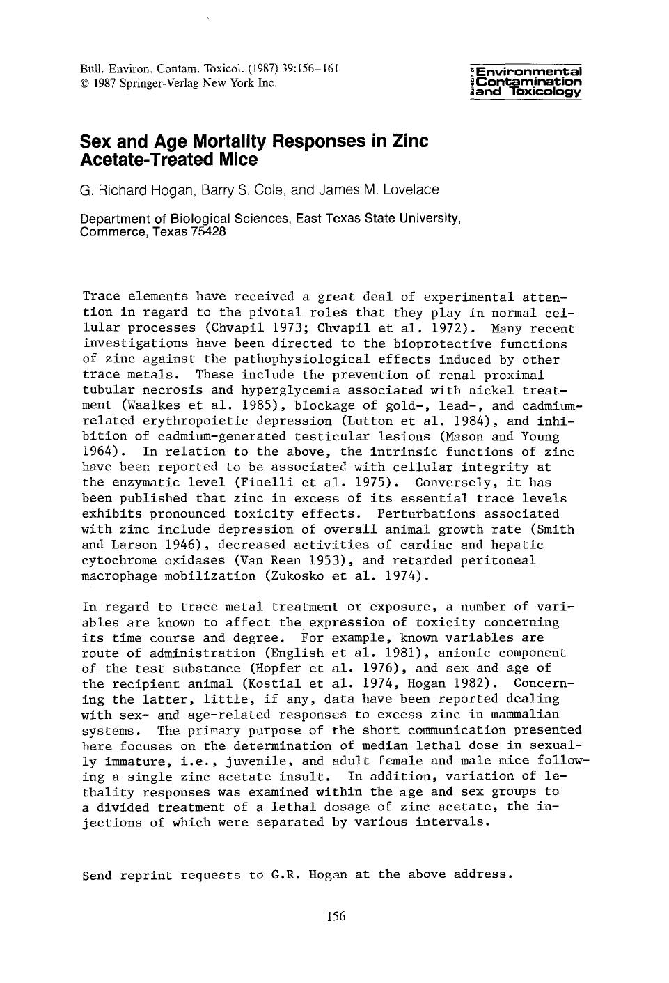 Sex and age mortality responses in zinc acetate-treated mice by Unknown
