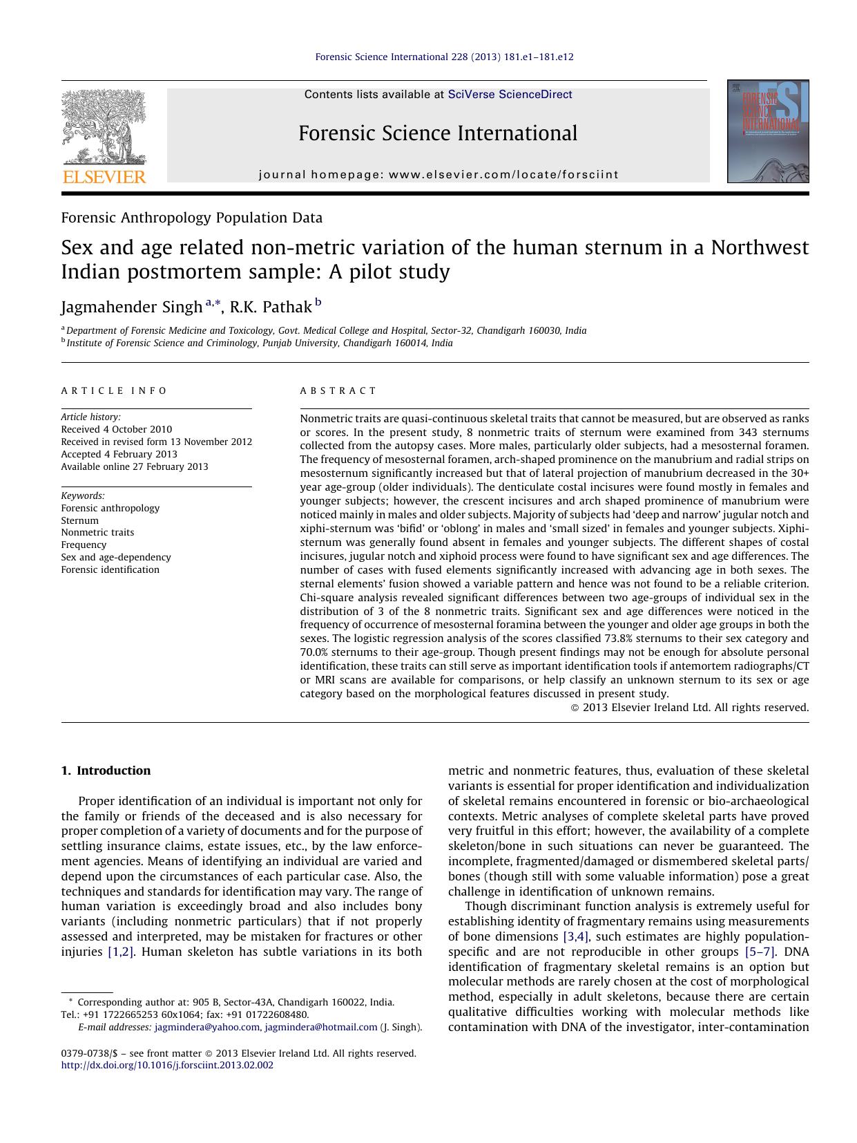 Sex and age related non-metric variation of the human sternum in a Northwest Indian postmortem sample: A pilot study by Jagmahender Singh & R.K. Pathak