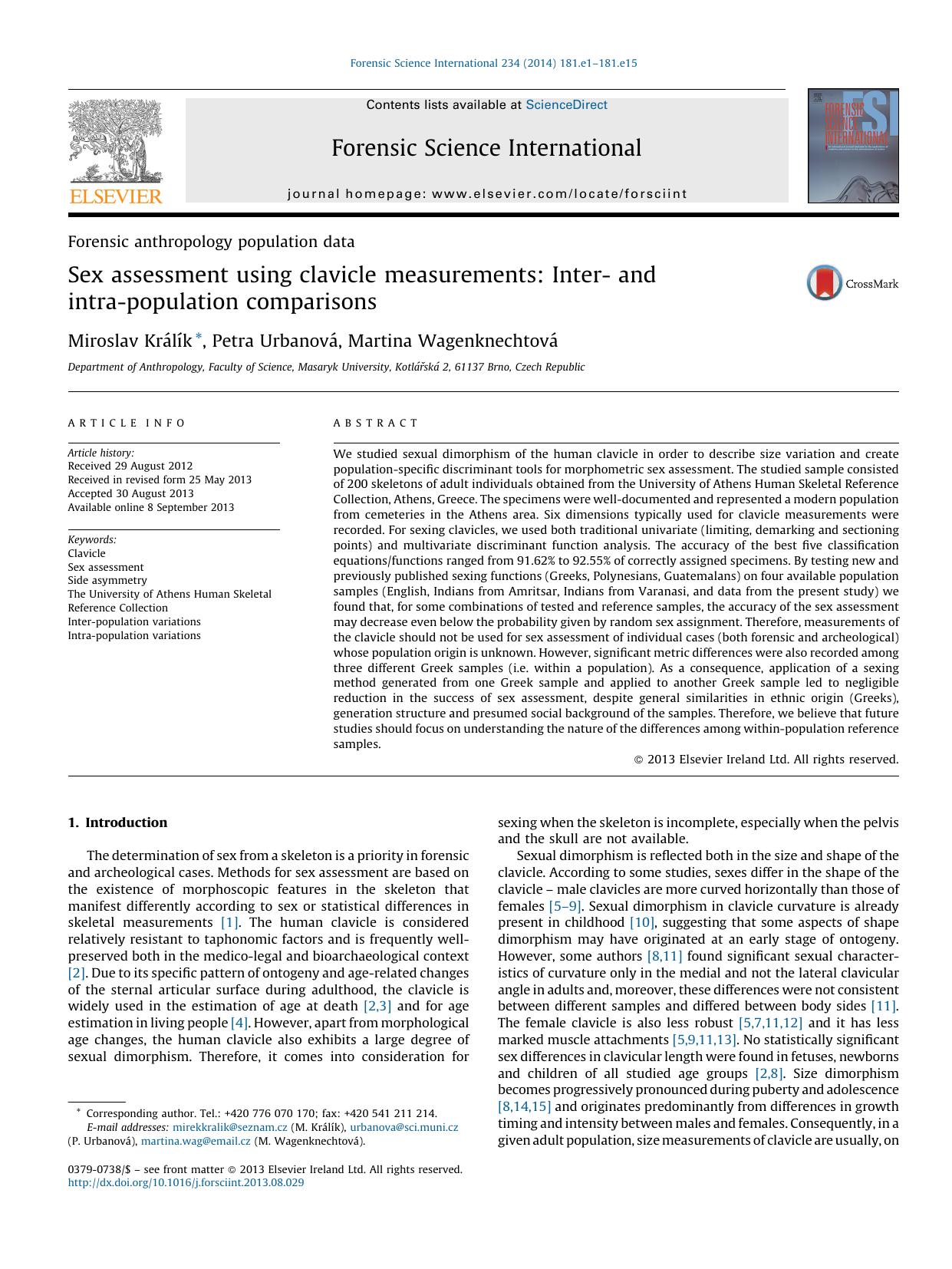 Sex assessment using clavicle measurements: Inter- and intra-population comparisons by Miroslav Králík