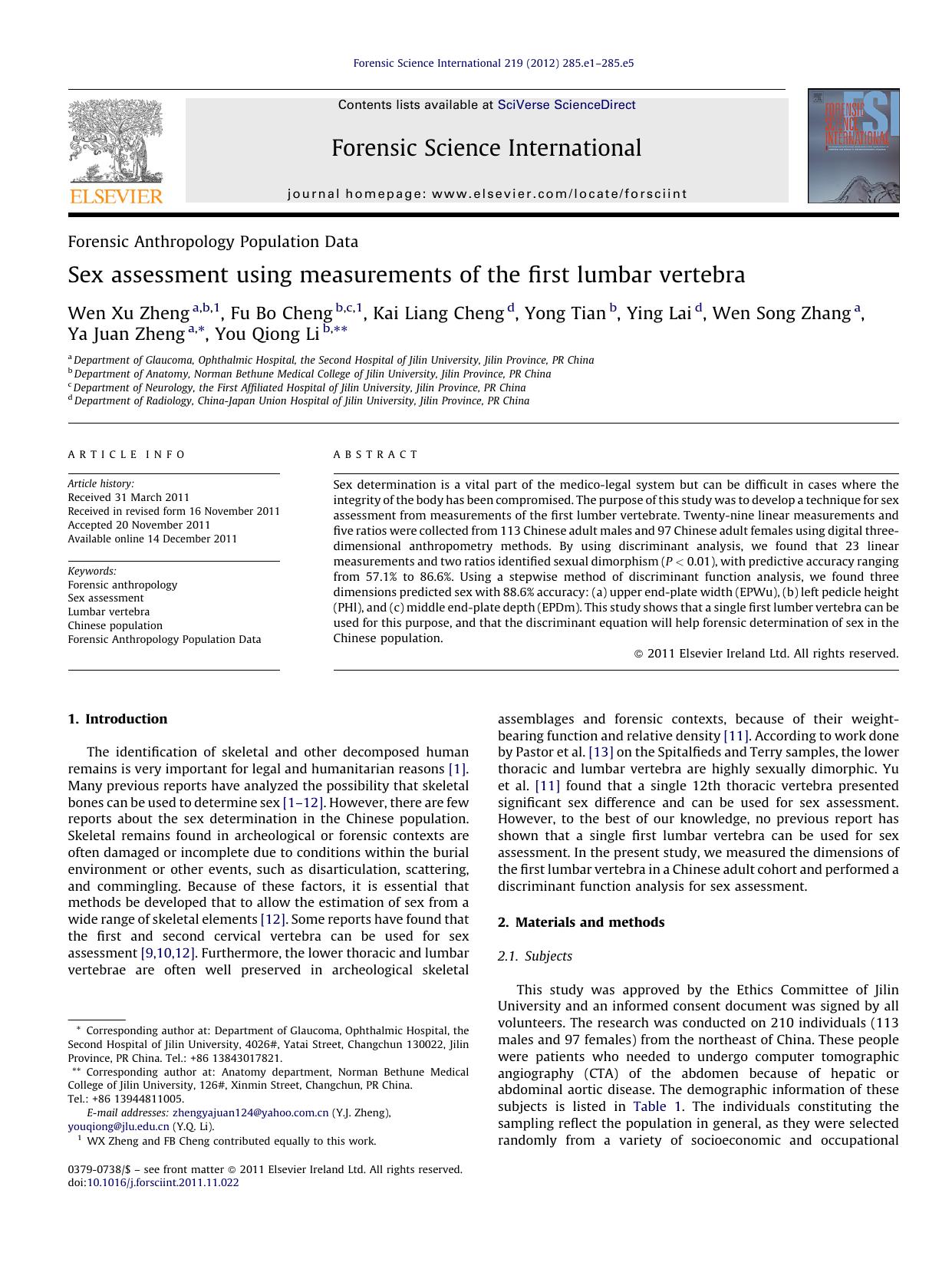 Sex assessment using measurements of the first lumbar vertebra by Wen Xu Zheng